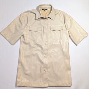 7 For All Mankind Faux Leather Button Front Shirt Short Sleeves Cream Sz S